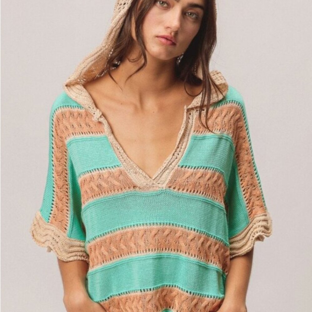 BiBi Green and Tan Striped Crochet Knit Top Size Medium - Picture 2 of 10